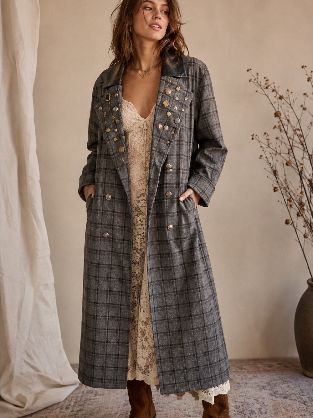 NWT | Free People Embellished Plaid Long Coat Leather Collar